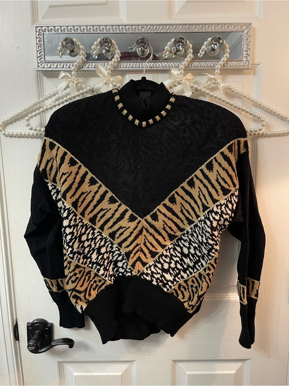 Vintage Black and Tan Animal-Print V-Neck Sweater